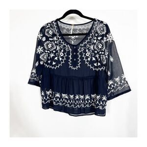 Free People Top Blouse Pennies Sequel Black White Emboridered Womens Small